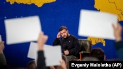 Președintele ucrainean Volodimir Zelenski în timpul conferinței anuale de presă, Kiev, 19 decembrie 2023.