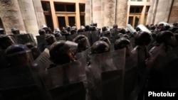 Armenian riot police on duty amid a tense situation in Yerevan's Republic Square on September 21.