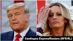 Donald Tramp, bivši predsednik SAD, i Stormi Danijels, zvezda filmova za odrasle (kombo foto). Tramp je osuđen zbog falsifikovanja poslovnih zapisa kako bi sproveo uplate Danijelsovoj u zamenu za ćutnje o prirodi njihovog odnosa.