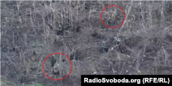 Полонений (зверху) на колінах; іншим, ймовірно, прикривається, як щитом, російський солдат