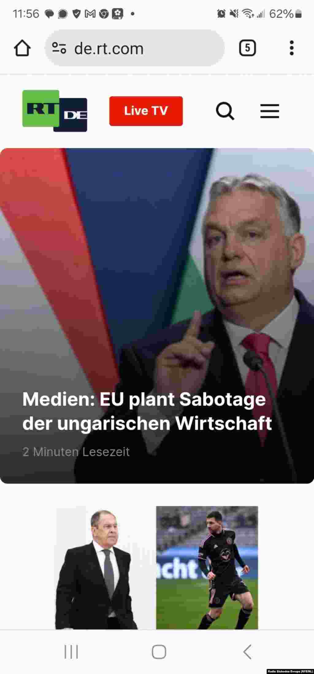 Russia Today (RT), sajt na nemačkom jeziku, zabeleženo u Briselu 29. janura 2024. 