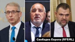 Колаж със снимки на Николай Денков, Бойко Борисов и Делян Пеевски