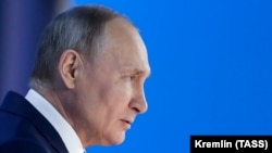 Президент Росії Володимир Путін під час виступу на Федеральній асамблеї у Москві. 21 квітня 2021 року 
