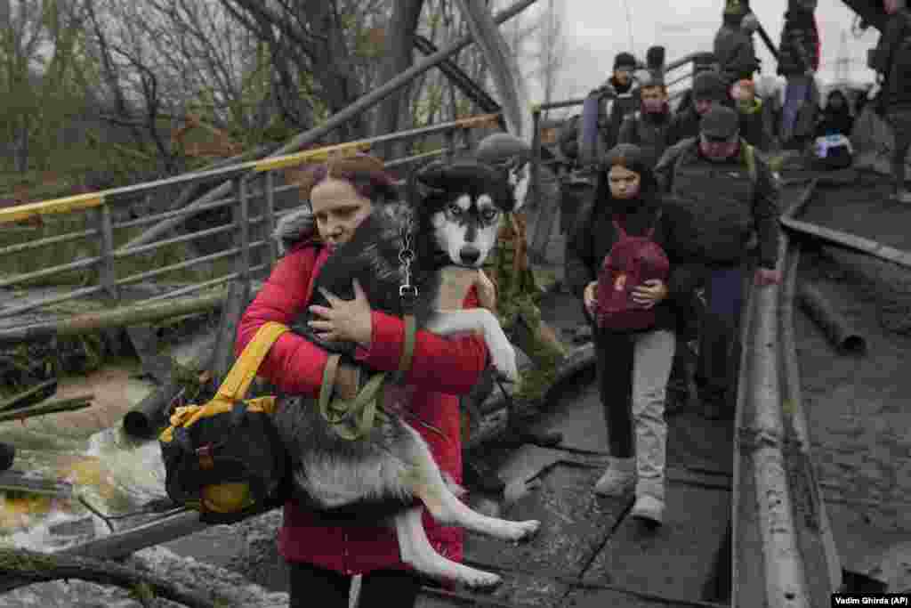 O femeie ține în brațe un câine în timp ce traversează râul Irpin pe o potecă improvizată de sub un pod. Fotografie din 5 martie 2022.