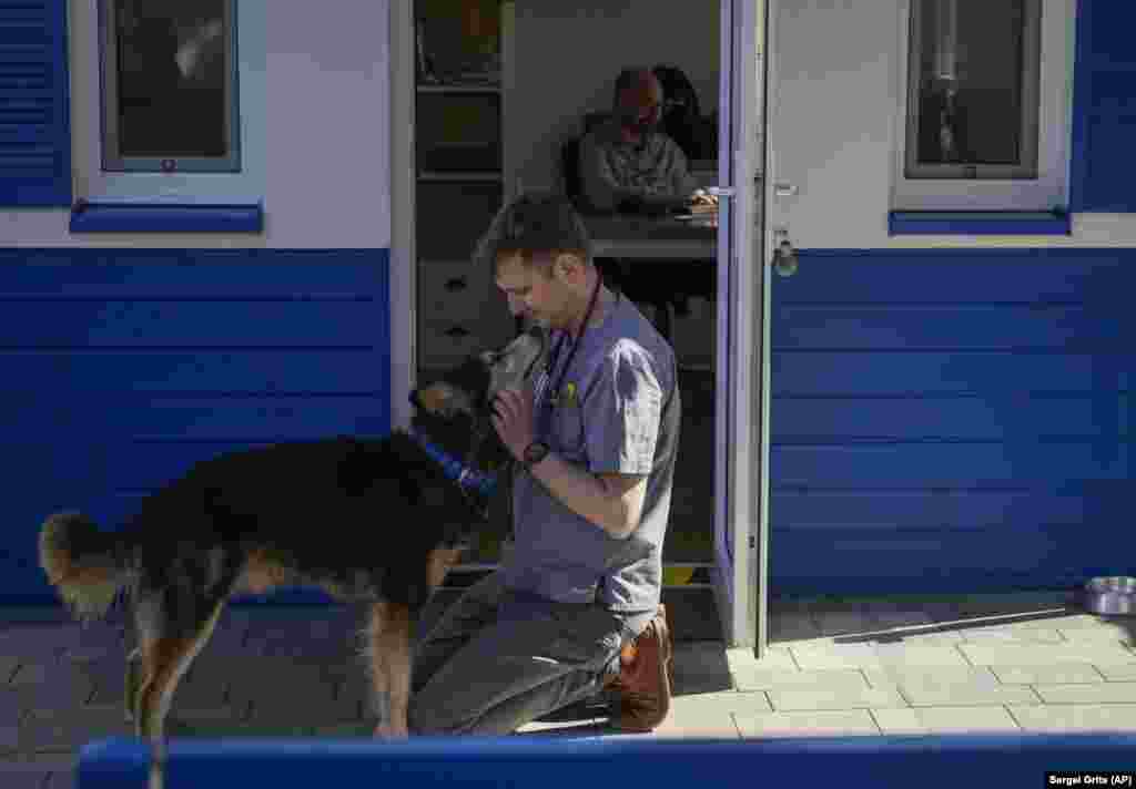 Medicul veterinar Jakob Kotowicz îmbrățișează un câine la centrul fundației ADA din Przemysl, din sud-estul Poloniei. Evacuarea animalelor a fost periculoasă, dar a fost posibilă datorită eforturilor și cooperării mai multor grupuri pentru drepturile animalelor și a refugiaților ucraineni. Fotografie din 28 martie 2022. 