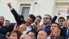 Премиерът Кирил Петков по време на протеста в четвъртък пред Народното събрание.