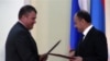 Armenia - Defense Ministers of Russia and Armenia Anatoly Serdyukov and Seyran Ohanian after signing ceremony of a protocol prolonging the Russian military presence in Armenia, Yerevan,20Aug,2010