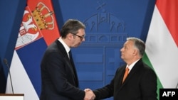 Унгарија - Српскиот премиер Александар Вучиќ (десно) и унгарскиот премиер Виктор Орбан(лево), Будимпешта, 17 февруари 2025 година.