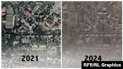 Satelitski snimci ukrajinskog grada Soledara 2021. (lijevo) i 2024. (desno)