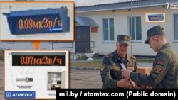 Un detaliu din fundalul unei fotografii de la o bază militară din Belarus arată un monitor digital care măsoară radiațiile.