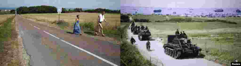 Tenk Cromwell predvodi kolonu britanske vojske prema od Zlatne plaže prema kopnu nakon iskrcavanja u Ver-sur-Meru u Normandiji.