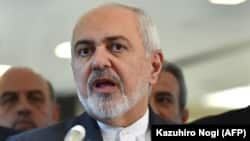 Iranian Foreign Minister Mohammad Javad Zarif talks to reporters in Tokyo on May 16.
