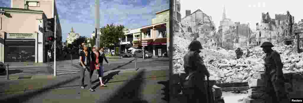 Britanske snage osiguravaju uništeni trg nakon što su njemačke snage protjerane iz grada Kaena u julu 1944.