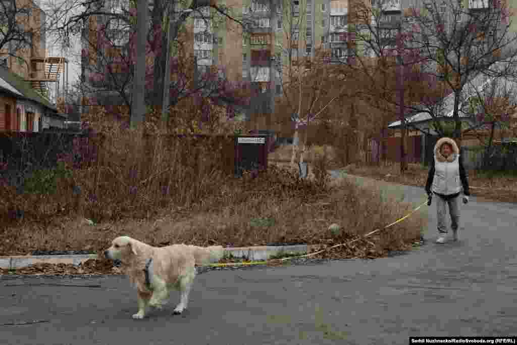 Местная жительница выгуливает собаку. Даже после многих лет освещения войны такие моменты, демонстрирующие надежду на жизнь среди разрушений и смерти, всегда поражают. Животные, кажется, привыкли к взрывам и не проявляют признаков страха