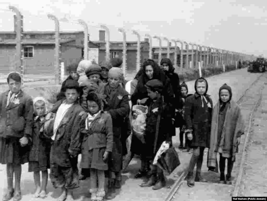 На фото праворуч: 1944 рік. Жінка з дітьми прямує в газову камеру. На задньому тлі видно дерев'яні бараки – це табори «Біркенау», які додатково були побудовані в «Аушвіці». Після війни ці будівлі були зруйновані, але цегляні стіни і димарі збереглися
