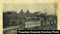 Від на віленскі чыгуначны вакзал і пасажырскую станцыю Менску на фота, зробленым падчас Перашай сусьветнай вайны, прыкладна ў 1918 годзе.