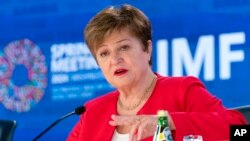 Директорка Міжнародного валютного фонду Крісталіна Георгієва під час пресконференції на весняних зустрічах Світового банку/МВФ у Вашингтоні, 18 квітня 2024 року