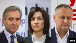 Молдова президенттігіне кандидаттар Юрие Лянкэ (солдан оңға қарай), Майя Санду және Игорь Додон.