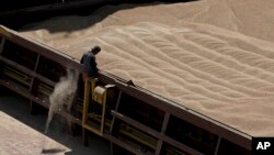 A worker oversees the unloading of Ukrainian cereals from a barge in the Black Sea port of Constanta, Romania.