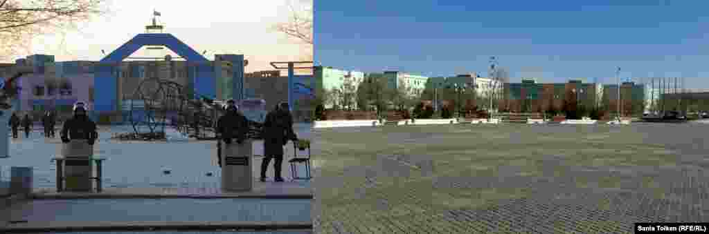 Силы безопасности на центральной площади Жанаозена, заваленной мусором после столкновений. Сегодня таких сцен нет.