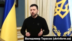 Președintele ucrainean, Volodimir Zelenski, la un briefing după o întâlnire cu ministrul britanic de Externe David Lammy. Kiev, 5 februarie.