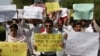 Students from Peshawar University protest to condemn the killing of Abdul Wali Khan university student Mashal Khan, after he was accused of blasphemy, during a protest in Peshawar on April 19.