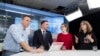 Aleksei Navalny (left to right) hosts Ivan Zhdanov, Yelena Malakhovskaya, and Ksenia Sobchak during a debate at the Navalny Live YouTube show March 2018.