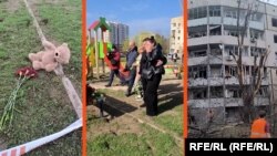 Oamenii lasă flori la terenul de joacă din Krivoi Rog lovit de o rachetă balistică rusească pe 4 aprilie 2025