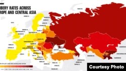 Мапа на Транспаренси интернешнал за стапките за поткуп во Европа и Централна Азија. 16.11.2016