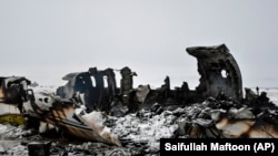 The wreck of the U.S. Bombardier E-11A that crashed in Afghanistan's Ghazni Province on January 27. 