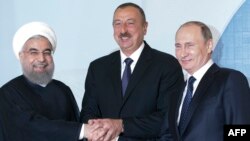 ولادیمیر پوتین، الهام علیف و حسن روحانی رئیسان جمهور روسیه، جمهوری آذربایجان و ایران در باکو
