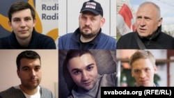 Падсудныя палітвязьні Ігар Лосік, Сяргей Ціханоўскі, Мікалай Статкевіч, Уладзімер Цыгановіч, Арцём Сакаў і Дзьмітры Папоў.